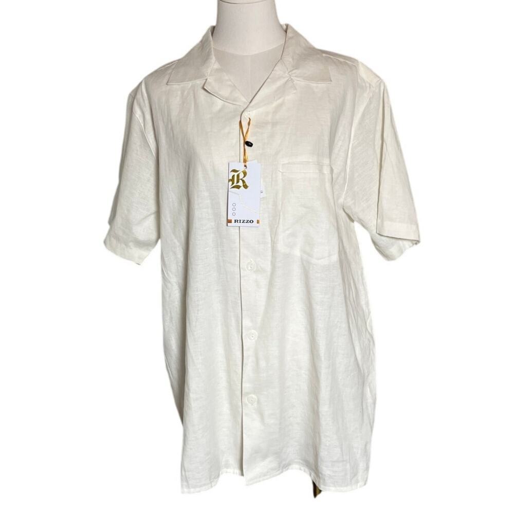 Rizzo White Linen‎ Blend Button Shirt M Italian Style NWT